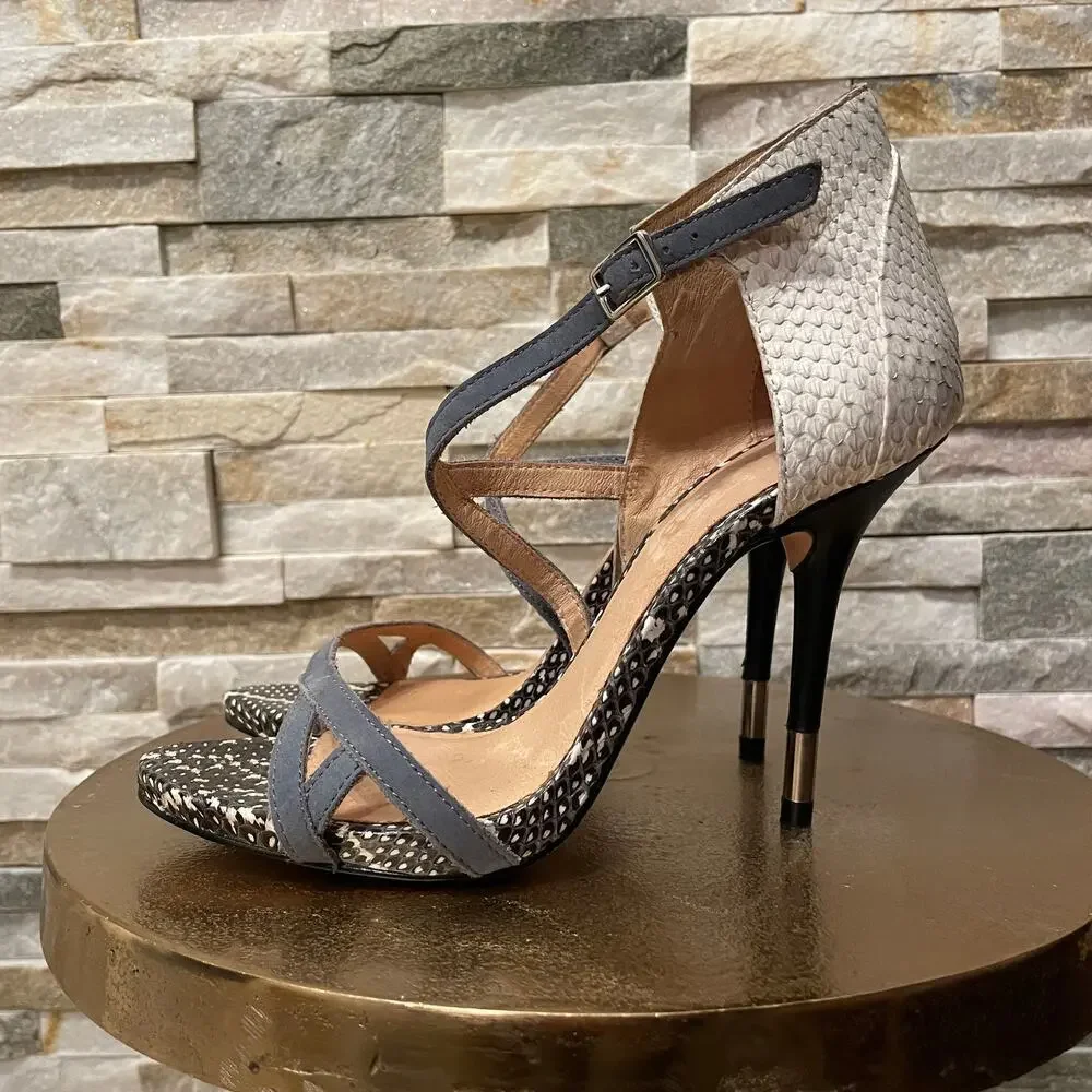 L.A.M.B. 6.5 Mixed Snakeskin Leather Strappy Stiletto Heels | Cream, Black, Blue